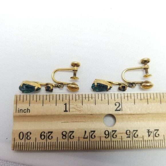 Vintage Yellow Gold Filled Blue Rhinestone Dangle Clip On Screw Back Earrings - Picture 5 of 6